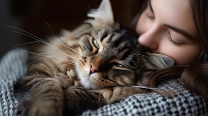 woman with cat, affectionate Maine Coon cat enjoying a cuddle session with its owner, demonstrating its loving and gentle demeanor