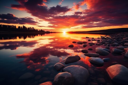  a sunset over a body of water with rocks in the foreground and trees on the other side of the water.