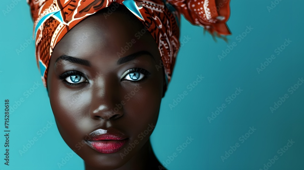 Wall mural Beautiful african american woman with blue eyes and smooth skin with makeup dressed in traditional clothes on a teal background - Wall murals