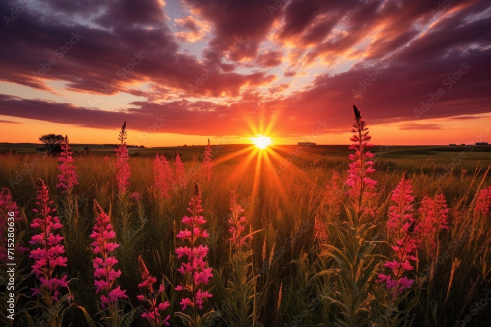 Poster the sun is setting over a field with wildflowers in the foreground and a field of grass in the foreg