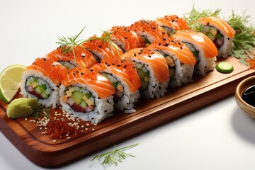  a sushi platter with a variety of sushi on a wooden platter with a dipping sauce on the side.