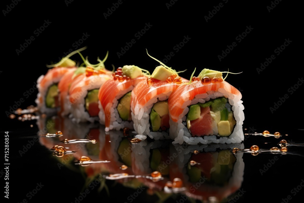 Poster a row of sushi rolls with cucumber and avocado on a black background with water droplets.