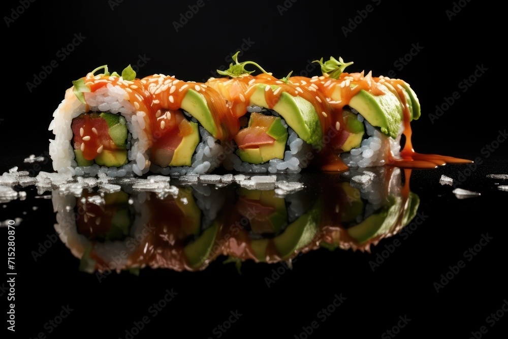 Poster a close up of a sushi roll with avocado and sauce on a black background with a reflection.