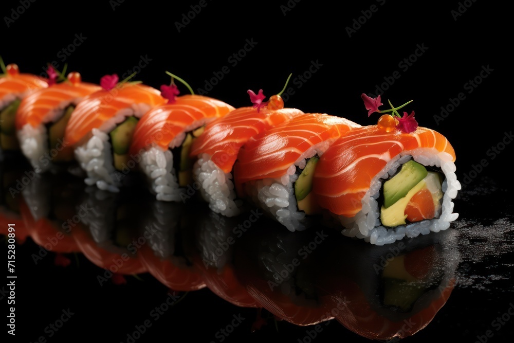 Poster a close up of a sushi roll with cucumber and sauce on a black background with a reflection.