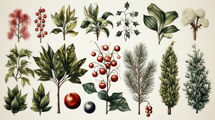 Candy cane and greenery watercolor clipart, white background