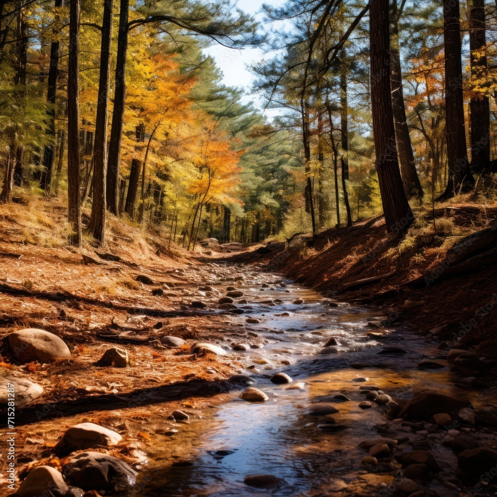 Poster a small stream running through a forest filled with lots of rocks and trees with yellow leaves on th