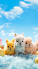 A collection of colorful plush bunnies surrounded by clouds looks cozy in a fairy tale sky, evoking the tenderness and sweetness of children's imagination. Children's room decor. Children's Toy Shop.