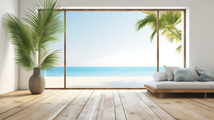 Sea view living room window of a luxury summer villa,  Window of a sea-facing house, Luxury Living Room With Ocean View, AI generated