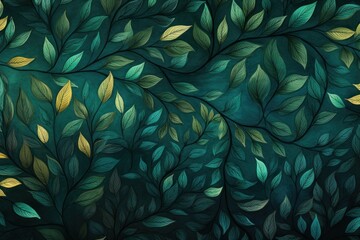  a painting of green and gold leaves on a dark green background with gold leaves on a dark green background with gold leaves on a dark green background.