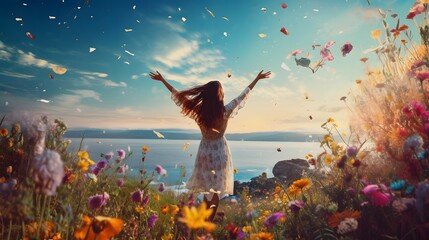 Woman with outstretched arms enjoying the beauty of the coast and shoreline at sunset