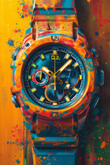 Obraz na płótnie Canvas abstract watch with colorful paint splashing around vintage poster design multilayered realism art of the illustrations