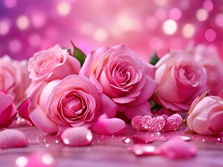 Pink Roses & Glittering Hearts, Dreamy Spring Bouquet, Beautiful pink glittered roses with beautiful hearts, valentines concept