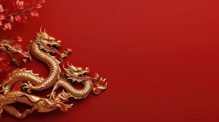 Golden Chinese wooden dragon statue in red background with flower, tree, cloud and wave. Religion...