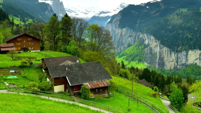 View of alpine Wengen village Beautiful outdoor scene in Switzerland