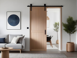 Close up of wooden door. Minimalist scandinavian home interior design of modern living room.