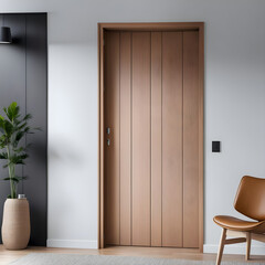 Close up of wooden door. Minimalist scandinavian home interior design of modern living room.