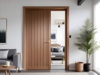 Close up of wooden door. Minimalist scandinavian home interior design of modern living room.