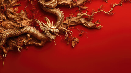 Golden Chinese wooden dragon statue in red background with flower, tree, cloud and wave. Religion and culture of Chinese New Year 2024 concept.