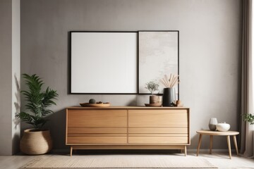Scandinavian interior home design of living room with wooden cabinet and empty blank mock up poster frame