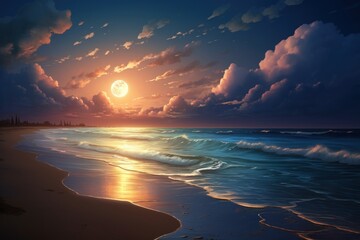  a painting of a sunset on a beach with waves crashing on the shore and a full moon in the sky.