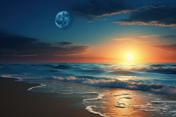  a painting of a sunset over the ocean with a full moon in the sky above the ocean and waves on the beach.