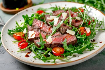 Closeup view of Beef tagliata with arugula, cherry tomatoes, Grana Padano cheese shavings, and balsamic glaze