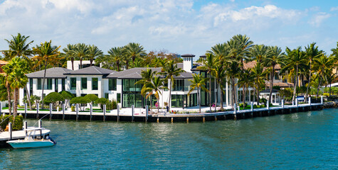 Travel to tropical bay of Florida. Summer vacation in tropical paradise resort. Luxury summer villa...