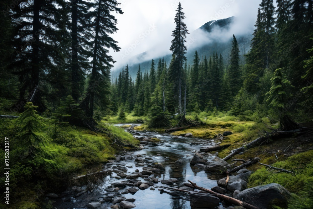 Poster a stream running through a lush green forest filled with lots of tall pine trees and surrounded by t