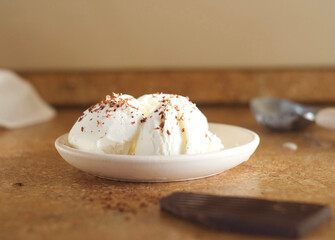 Creamy ice cream with chocolate chips in a bowl on the table