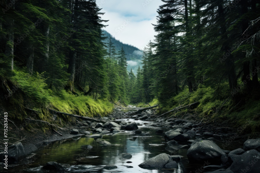 Poster a stream in the middle of a forest with rocks and trees on both sides of the stream and a mountain i