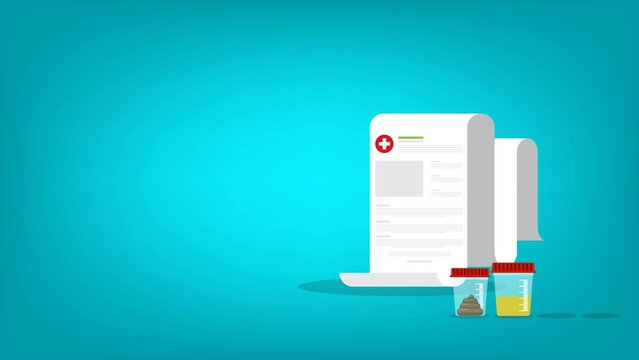 Urine, stool, sperm and blood analysis. Urine, stool, sperm and blood test icon. Medical analysis laboratory test. Medical samples in a plastic box and medical report.