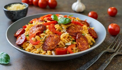Fototapeta premium Fiery Fusion: Chorizo and Roasted Pepper Orzo Extravaganza