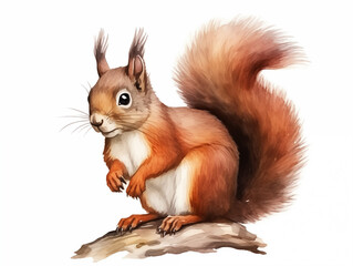 Obraz premium The red squirrel or Eurasian red squirrel is a type of tree squirrel in the genus Sciurus. Red squirrels are herbivorous rodents. Watercolor painting.