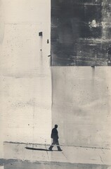 a silhoutte of a man walking painted on a grunge old gray wall 