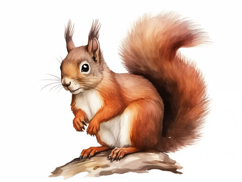 The red squirrel or Eurasian red squirrel is a type of tree squirrel in the genus Sciurus. Red squirrels are herbivorous rodents. Watercolor painting.