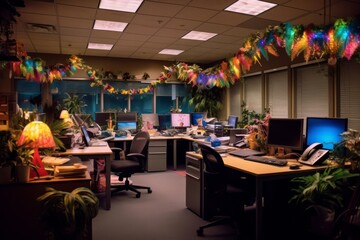 Fototapeta na wymiar Cheerful office workspace adorned with colorful Christmas lights, wreaths, and tinsel, Generative AI