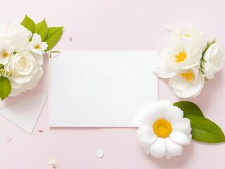 Beautiful white flowers and white card background