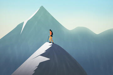 digital paint, positive optimism concept, victory-winner, woman - man, standing on top peak mountain,  hand drawn, watercolor texture, landscape background 