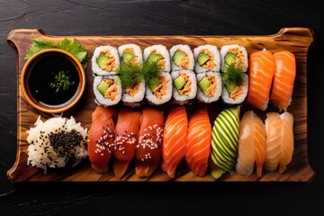  a sushi platter with a variety of different types of sushi and a dipping sauce on the side.