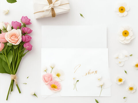 Beautiful white flowers and white card background