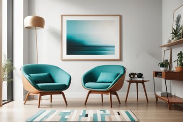 Interior home design of living room with blue wooden chair and art poster frame on white wall