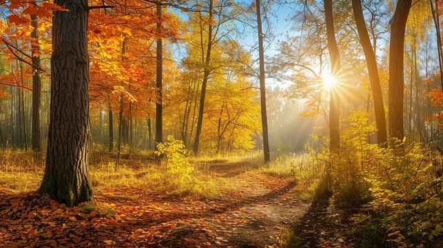 Panoramic Sunny Forest in Autumn