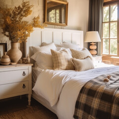 French country, farmhouse, provence style interior design of modern bedroom.