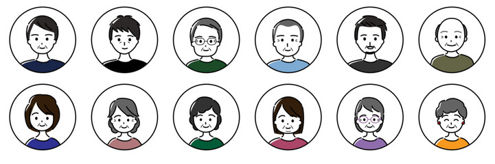 中高年男性・女性の円形アイコンバリエーションセット（枠に線あり・白背景）