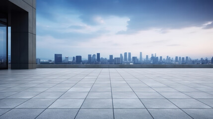 Empty square floor and city skyline with building background.