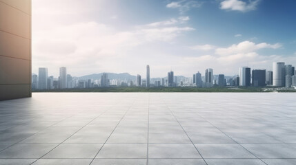 Empty square floor and city skyline with building background.