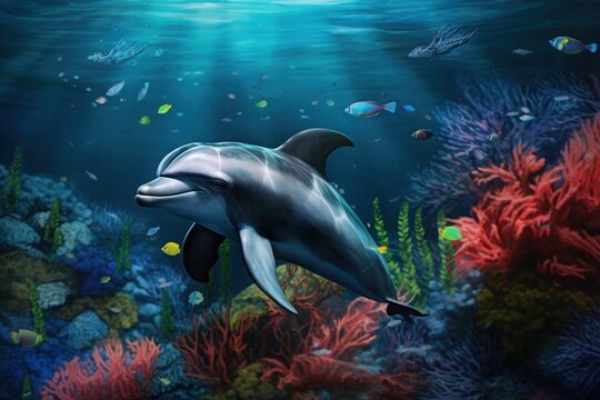  a painting of a dolphin swimming in the ocean with corals and other marine life in the foreground and a full moon in the background.