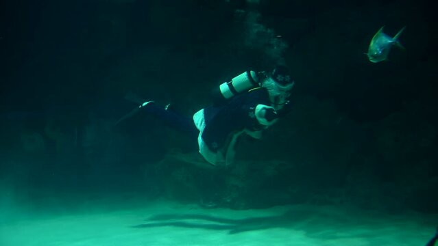 Santa underwater in scuba diving swims in a flock of fish and sharks. 4k super slow motion 120 fps raw cinematic video filmed on Nikon z9 at 8k