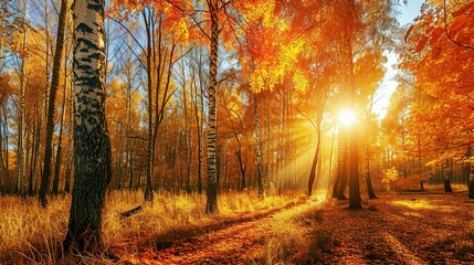 Panoramic Sunny Forest in Autumn