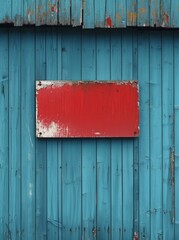 a blank red sign on a blue wooden building
